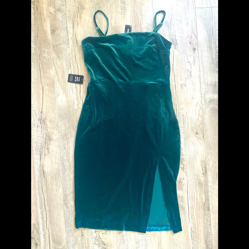Teal velvet midi length with slit cocktail dress